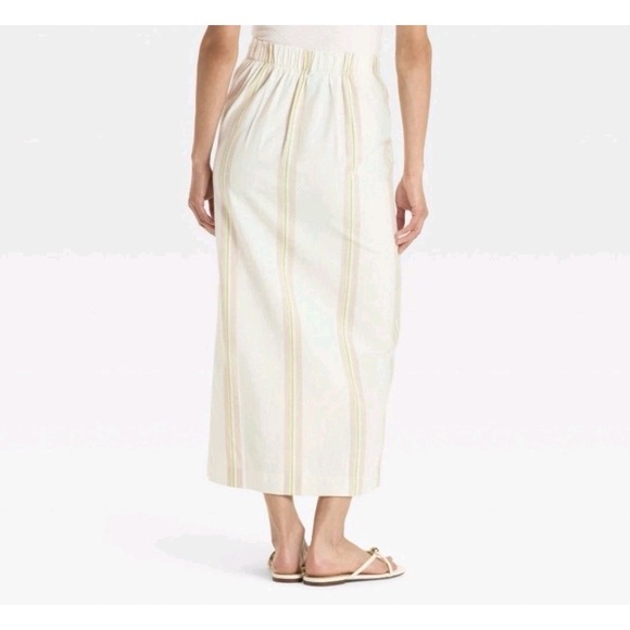 A New Day Midi Skirt Side Slit Womens Medium Tan White Stripe Elastic Back - Picture 2 of 8